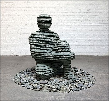 Boaz Vaadia Nahor (#141) (2016), bronze and bluestone sculpture, 43 x 56 x 56 inches. A seated figure composed of stacked stone layers, reflecting Vaadia&acirc;s exploration of nature, human form, and ancient stone structures.