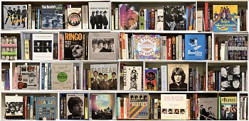 A high-resolution diasec-mounted photographic artwork by Max-Steven Grossman titled Beatles (2023), featuring a bookshelf filled with Beatles-related books, memorabilia, and archival imagery, arranged in a visually compelling composition.