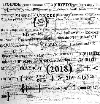 Gabriel Delgado History of Bitcoin (2021), 48 x 48-inch mixed media artwork, incorporating financial algorithms, blockchain references, cryptographic symbols, and Bitcoin&acirc;s market history. This conceptual fintech art piece is available at Sponder Gallery.