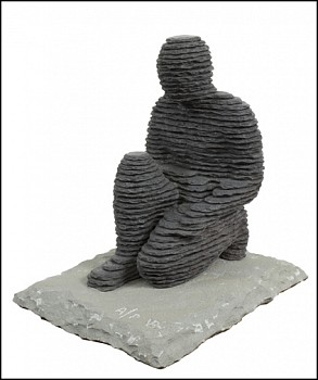 Boaz Vaadia Hattush (#115) (2011), bronze and bluestone seated figure sculpture, 12.5 x 11.5 x 9.5 inches. Created using Vaadia&acirc;s signature stacked stone technique, inspired by natural rock formations. Available at Sponder Gallery.