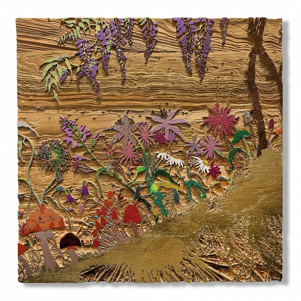 Jill Hotchkiss, Summer, 2026
genuine silver and copper leaf, gold leaf, fire-charred and carved cypress wood, 24 x 24 in.
HOT00005